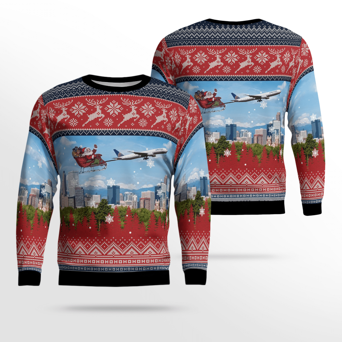 United Airlines Boeing 777-322Er With Santa Over Denver Ugly Christmas Sweater, All Over Print Sweatshirt