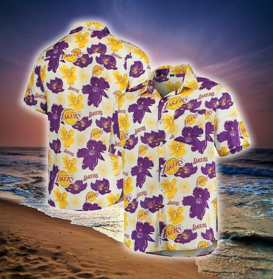 NBA Los Angeles Lakers Purple Golden Tropical Flowers Hawaiian Shirt