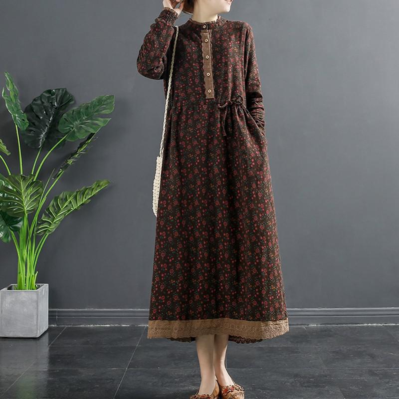 Women Cotton Linen Long Dress New Arrival 2021 Autumn Vintage Style Stand Collar Floral Print Loose Female Casual Dresses B1018 alx