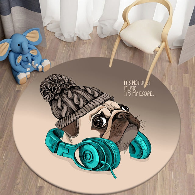 Cartoon Cozy Pug Round Carpets For Children’S Room Living Room Rugs Puppy Soft Flannel Floor Area Rug