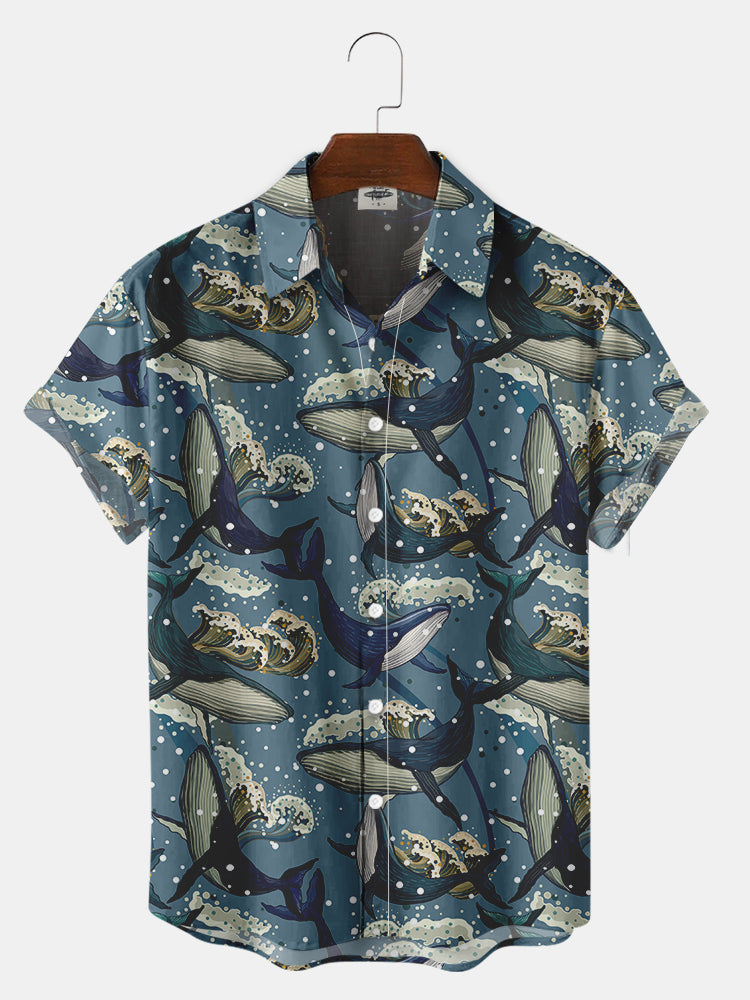 Men’S Hawaiian Beach Waves And Whales Print Shirt