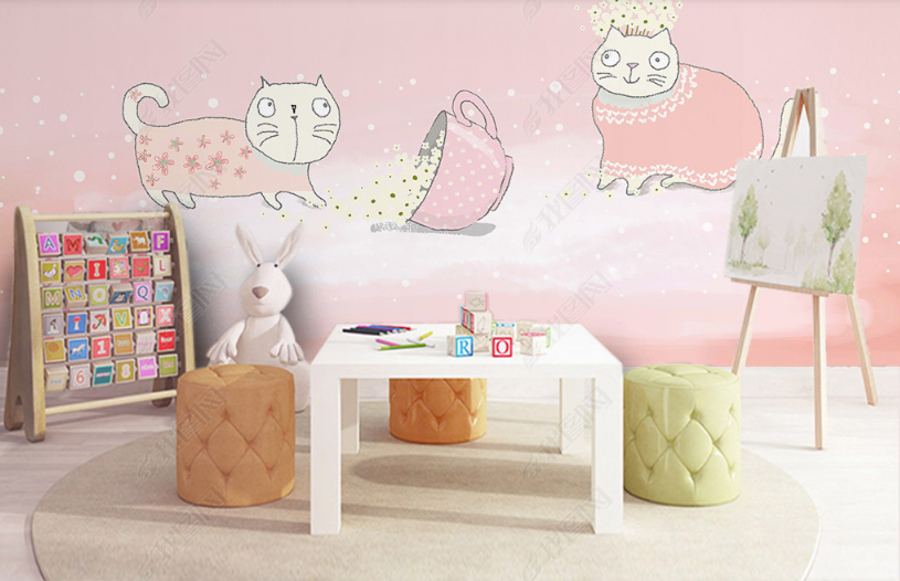 3D Hand Drawn Pink Animal Cat Wall Mural Wallpaper Lqh 191