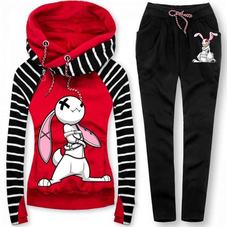 Rabbit Casual Hooded Sweatshirt Pants Suit LN