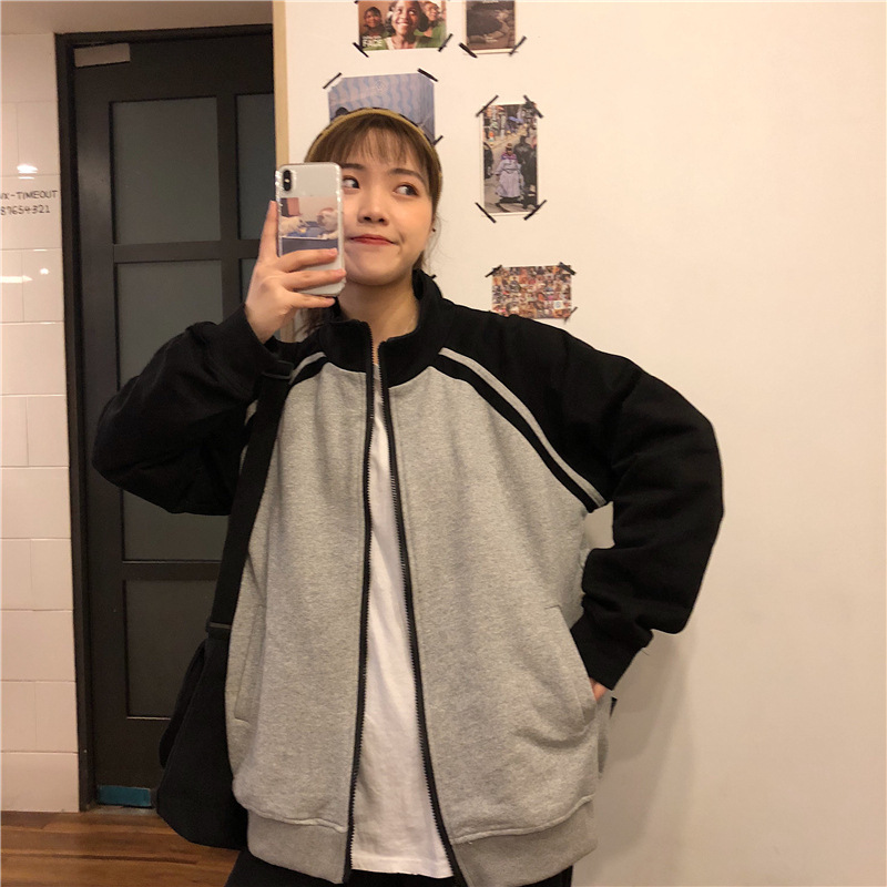 Women’s Oversized Sweatshirt Patchwork Baseball Shirt Tops Long Sleeve Casual Loose Korean Zip-Up Students Boyfriend Style alx