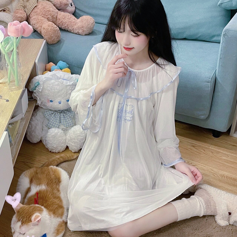 Sweet Lolita Style Princess Sleeping Dress Women Vintage Kawaii Lace Mesh Nightdress Girly Harajuku Cute Pajamas Leisure Wear alx