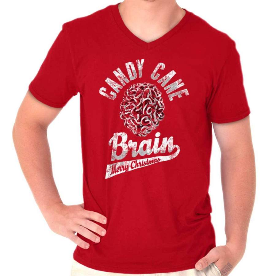 Candy Cane Brain Trendy Cool Fashion Funny Christmas V-Neck T-Shirt