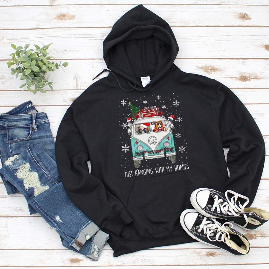 Hippie girls and elephant santa just hanging with my homie christmas tree gift snow winter black hoodie for men and women S-5XL