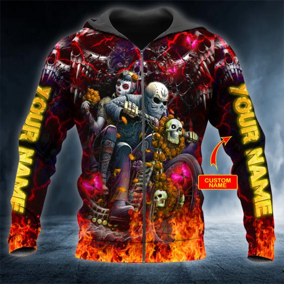 Racer Rider Biker Couple Love Skull Personalized 3D All Over Printed Unisex Zip Up Hoodie Us Size