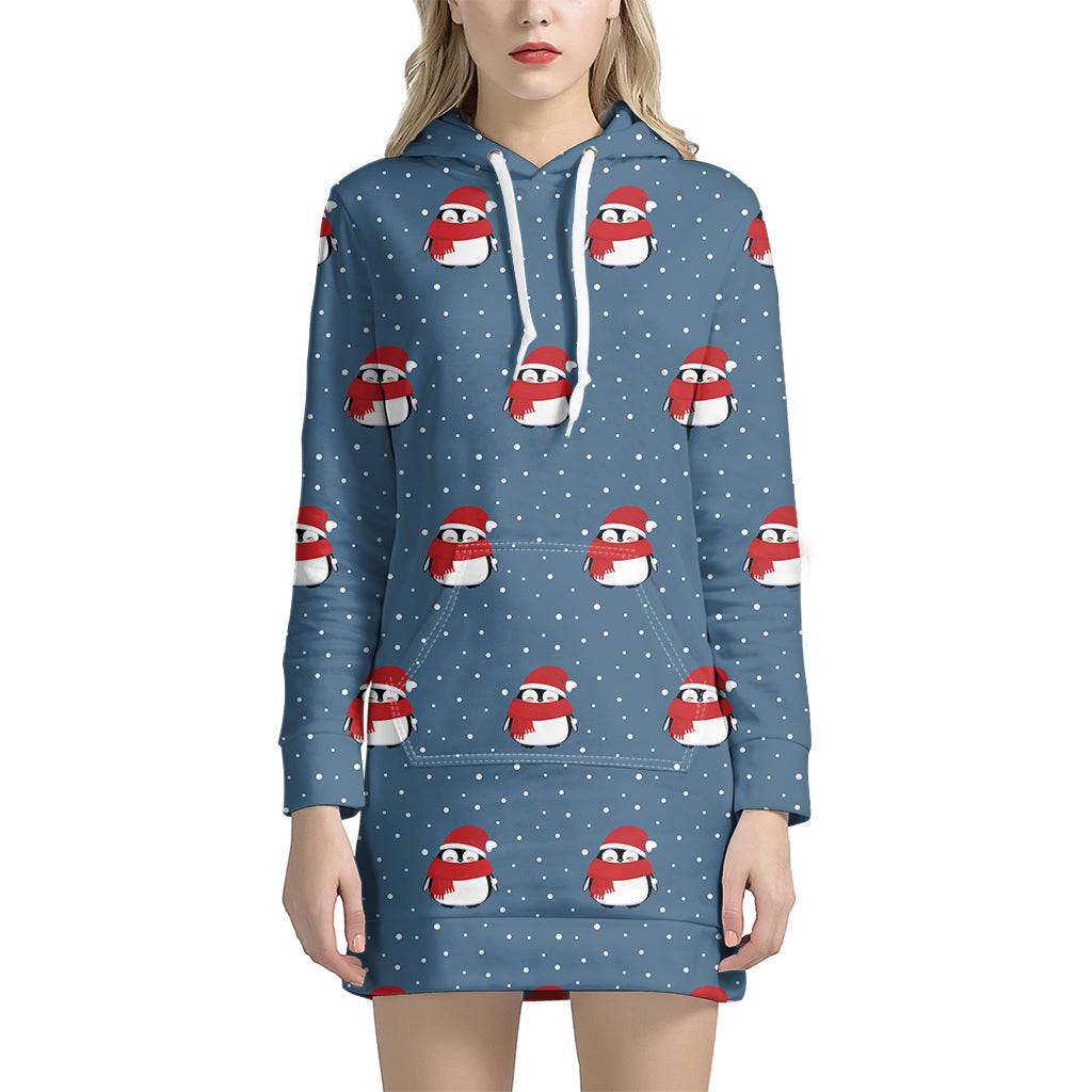 Christmas Snowy Penguin Pattern Print Women’S Pullover Hoodie Dress