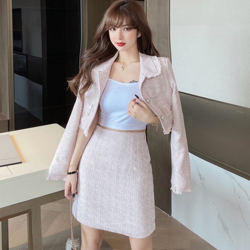 Autumn Winter Two Piece Set Elegant Skirt Suit 2021 New Fashion Tweed Long Sleeve Crop Top + Bodycon Mini Skirt Set Outfits alx