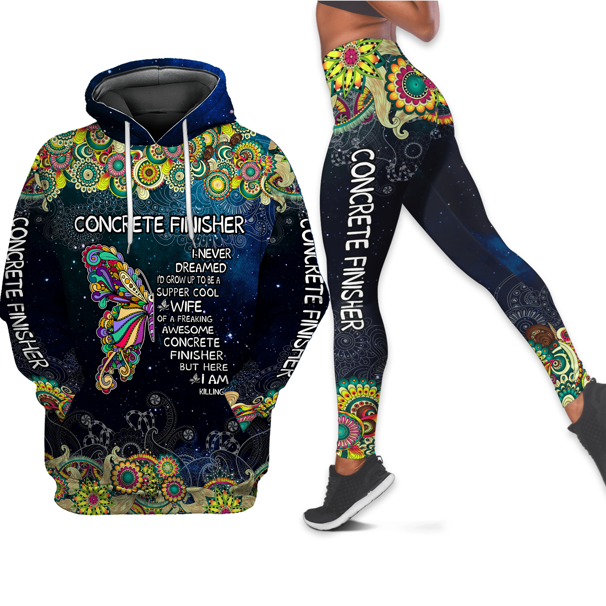 Wife Of Concrete Finisher Butterfly Pattern Combo Legging Hoodie