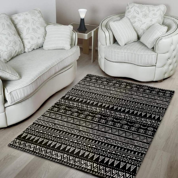 Black And White Doodle Tribal Aztec Print Area Rug