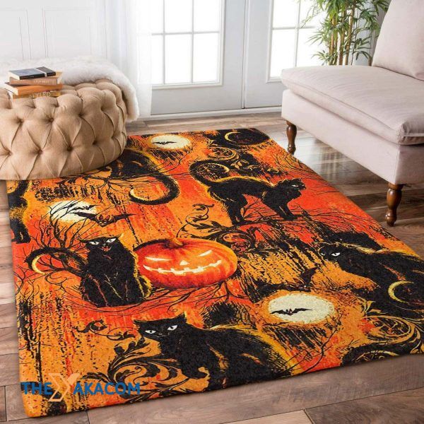 Pumpkin Black Cats Happy Halloween Rectangle Area Rug Floor Decor