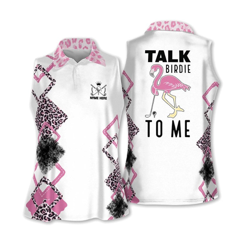 Personalized Women’S Golf Shirts Sleeveless With Collar, Funny Golf Shirts For Women, Talk Birdie To Me Flamingo Golf Shirts, Golf Shirt, Gift For Golf Player