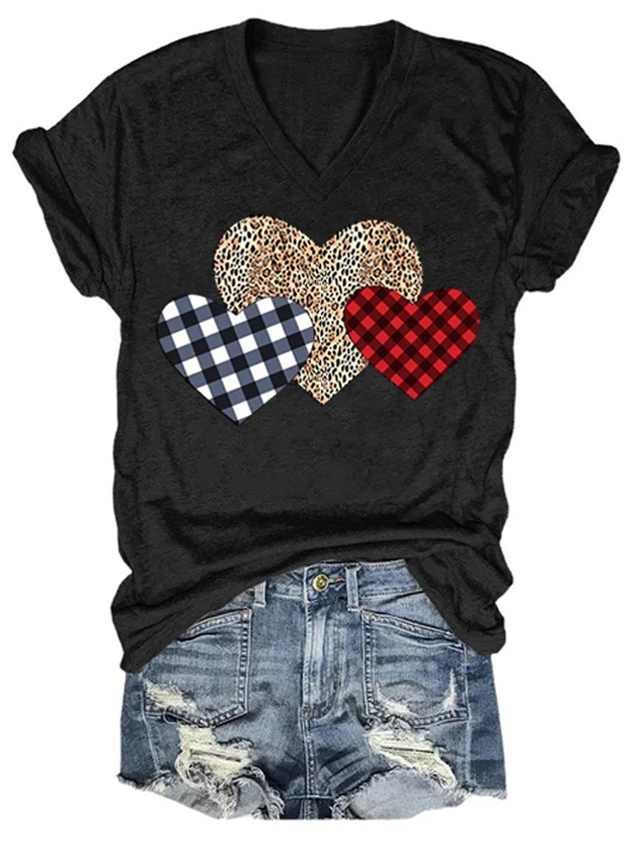 Women’S Plaid Leopard Printed Splicing Heart Valentine Heart V-Neck T-Shirt