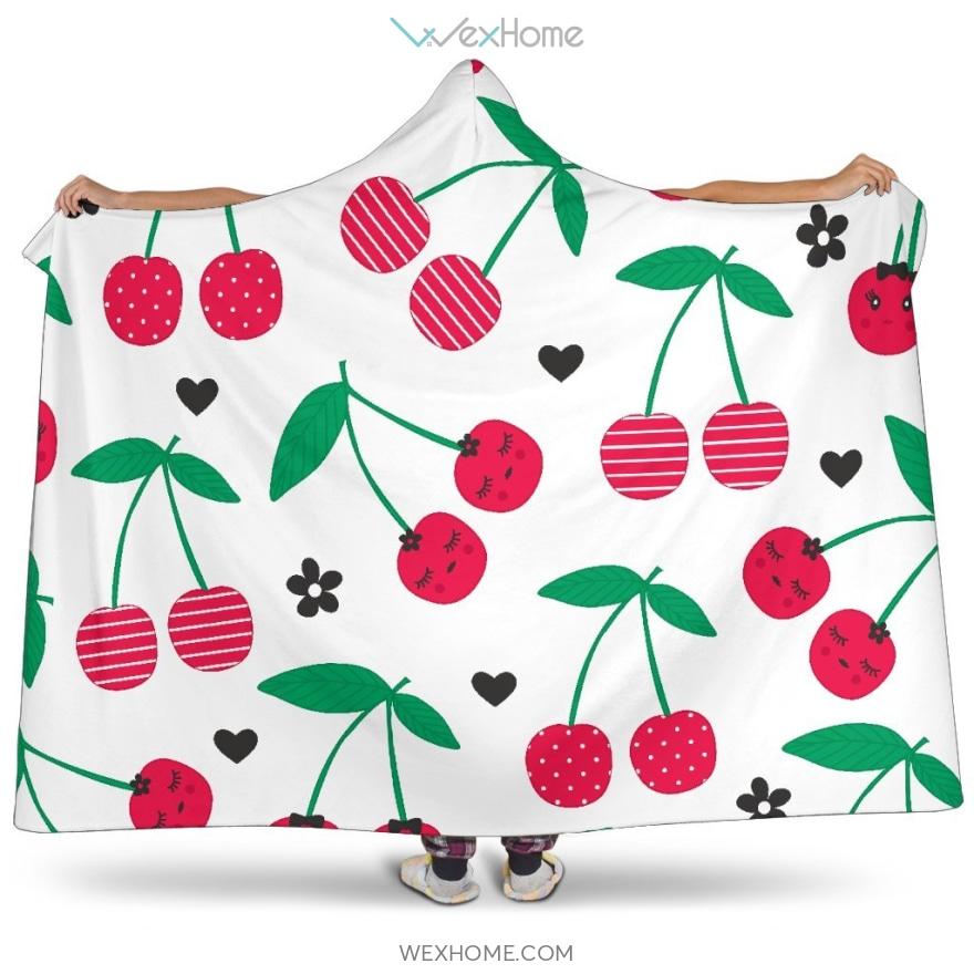 Cherry Pattern White Background Hooded Blanket