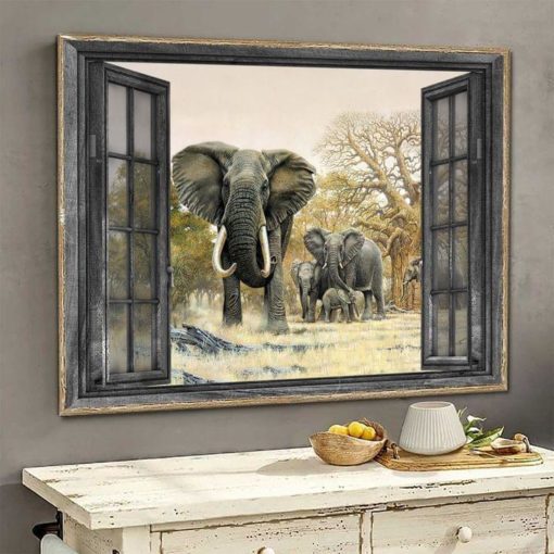 Through The Window Elephant Family In The Jungle Africa Canvas Poster