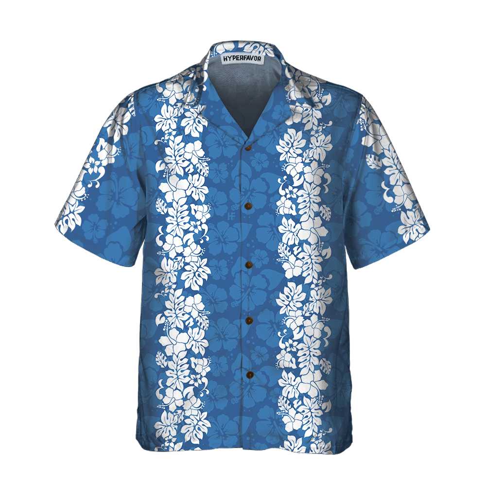 Blue Hibiscus Pattern Hawaii Short Sleeve Vintage White And Print Shirt Ha7932