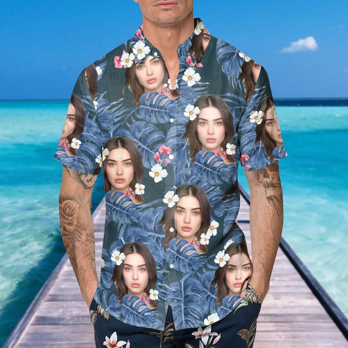 Pattern Blue Pattern Personalized Hawaiian Shirt, Custom Hawaiian Shirts With Face