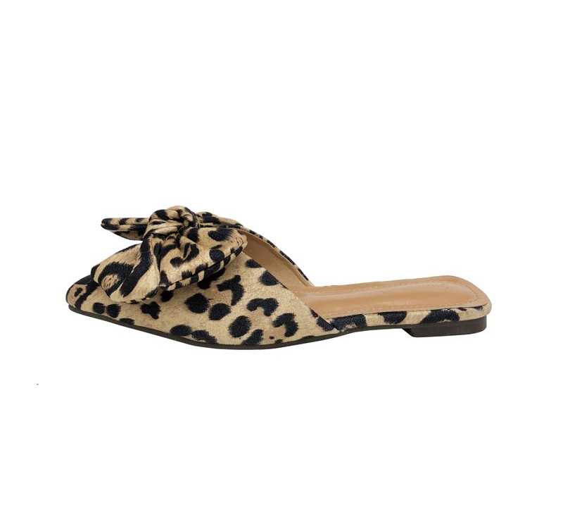 Women Slippers Pointed Toe Leopard Bow Mules Shoes Slip On Fashion Outside Shallow Beach Shoes Slides Flats Heeled Size 35-40 alx