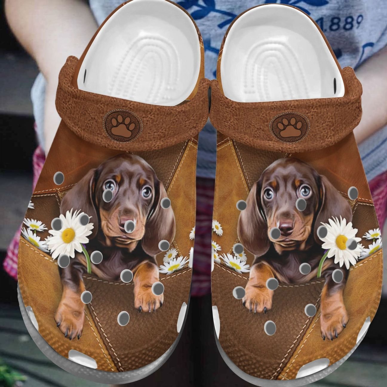 Dachshund Personalize Clog, Custom Name, Text, Fashion Style For Women, Men, Kid, Print 3D Whitesole Daisy Dachsund