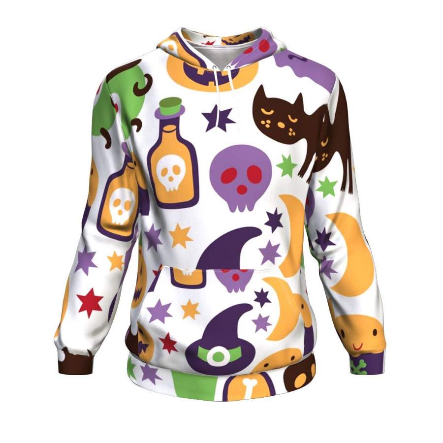 Cat, Witches, Bats, Candy Sweet And Pumpkins With Halloween Hoodie Over Print