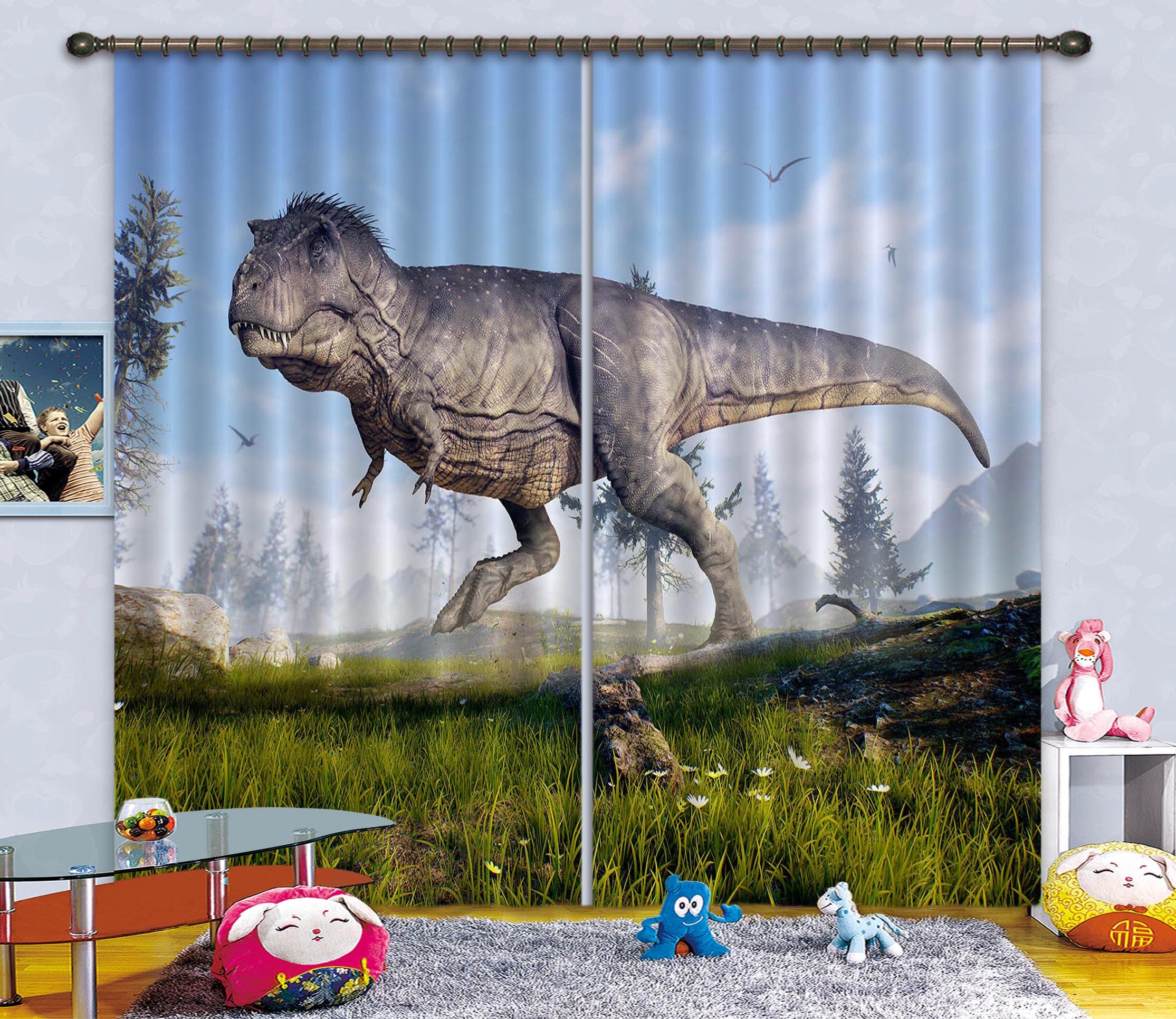 3D Dinosaur With Forest C005 Blockout Photo Curtain Print Curtains Drapes Fabric Window | 3D Large Photo Curtain, Jess Art Decoration Wallpaper