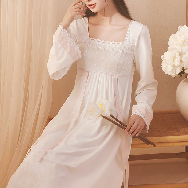 Women White Nightgowns Fairy Long Sleeve Square Collar Sleepshirts Ribbons Sweet Lace Over Knees Lounge Temperament Nightdress alx