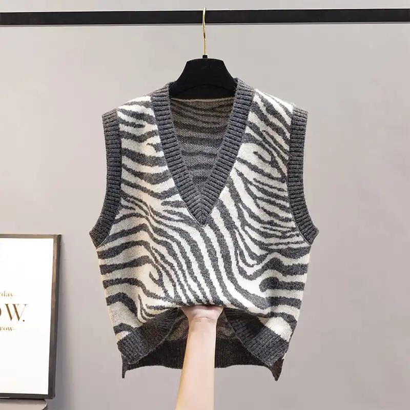 Sweater Vest Women’s Knitwearr Korean Version of The V-neck Loose Zebra Pattern Outer Wear Trending Sweater Autumn and Winter alx