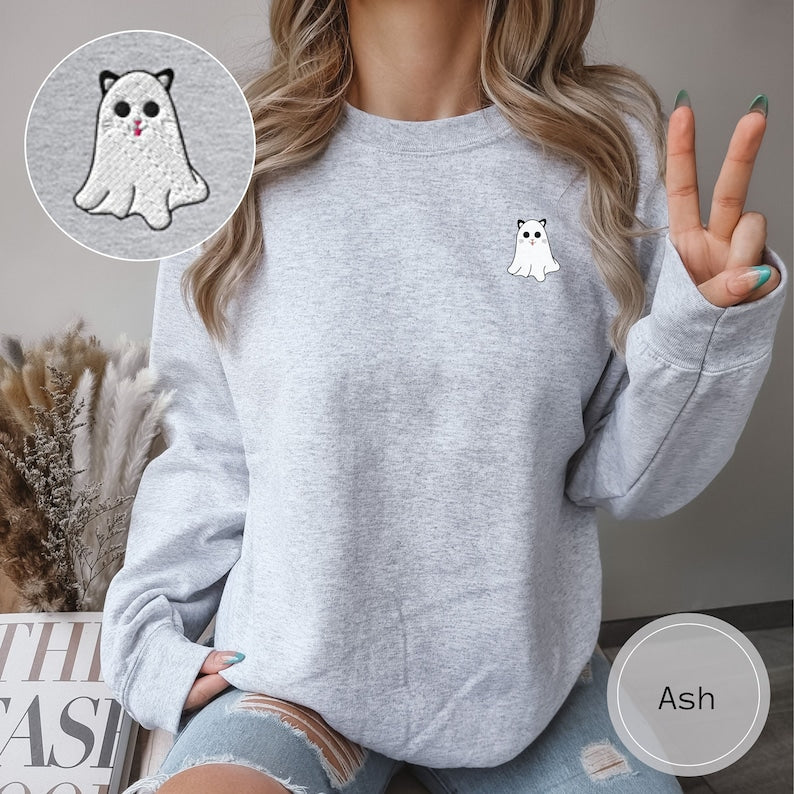 Black Cat Ghost Embroidered Halloween Sweatshirt Crewneck Sweatshirt All Over Print Sweatshirt For Women Sweatshirt For Men Sws2700