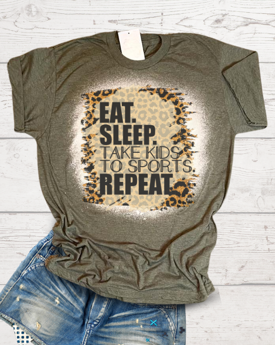 Eat Sleep Take Kids To Sports Repeat Leopard Bleached Dye Canvas Girlie T Shirt