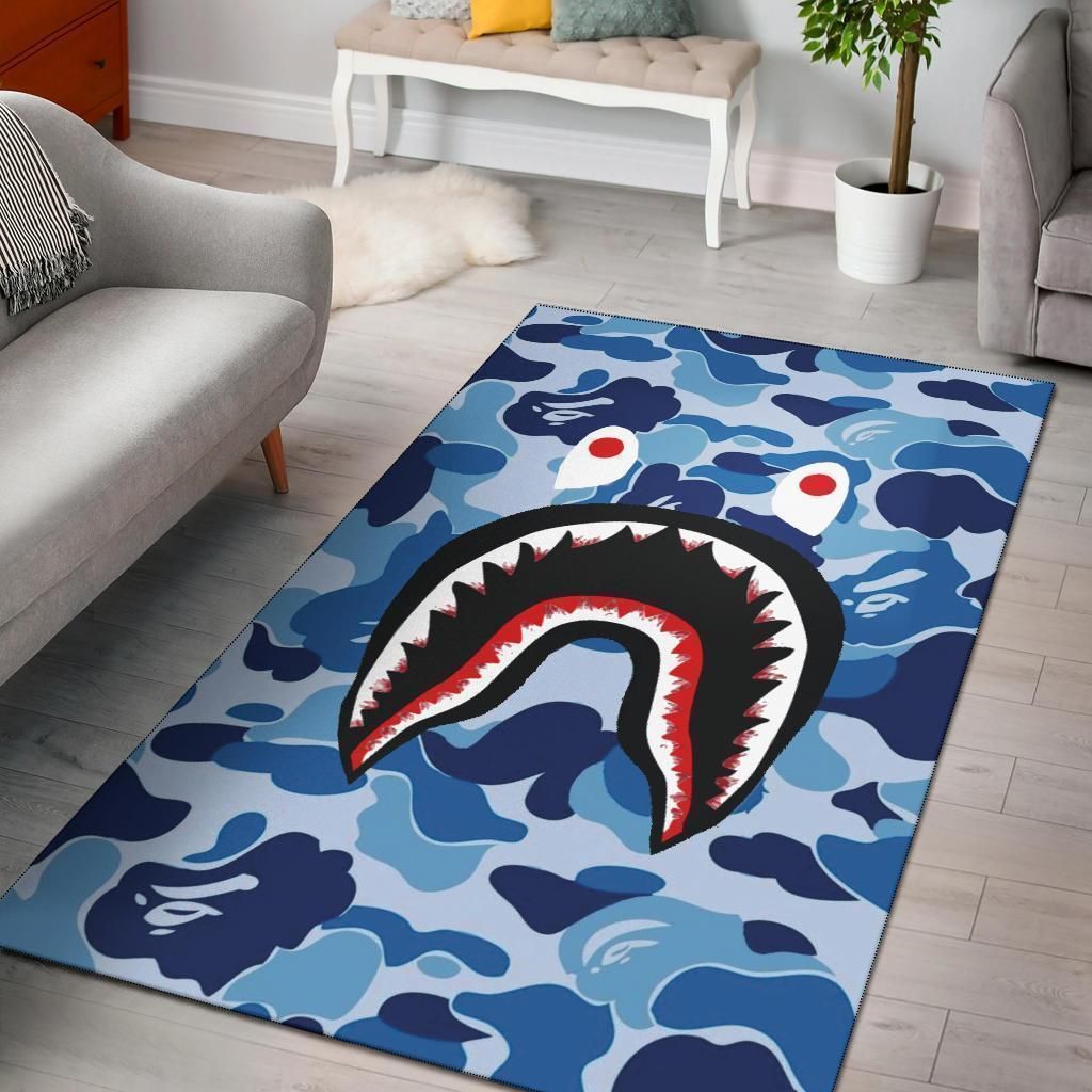 Blue Shark Bape Camo Area Rug Carpet, Living Room Rugs, Floor Decor