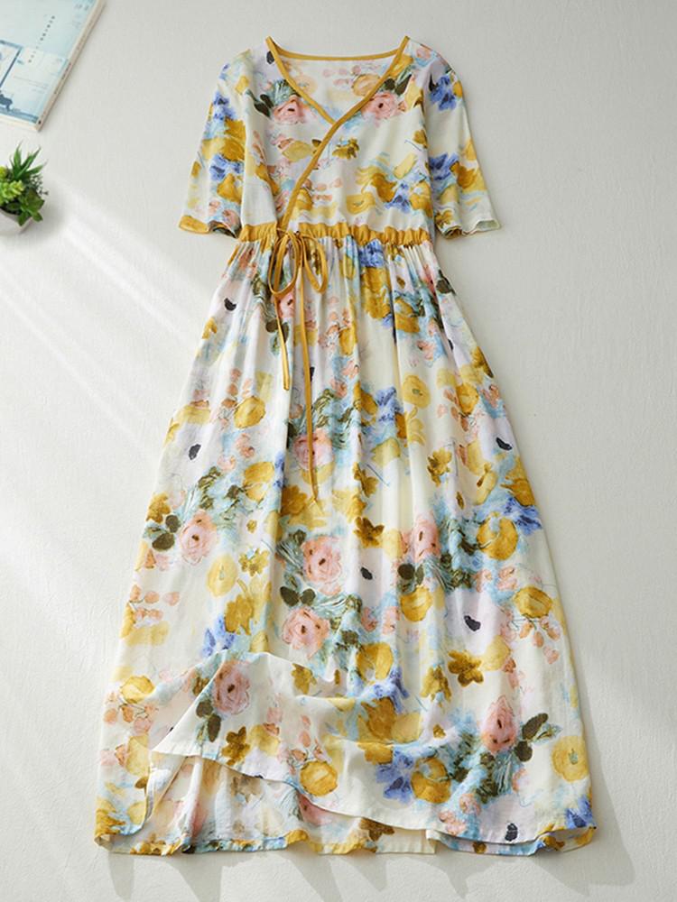 Women Summer Casual Dress New Arrival 2022 Vintage Style V-neck Floral Print Loose Comfortable Female Cotton Long Dresses B1896 alx