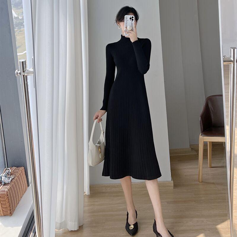 Autumn Winter Knitted Long Dress Women Elegant Pullover Sweater Vestidos Lady Simple Office V-neck Pleated A-line Dresses alx