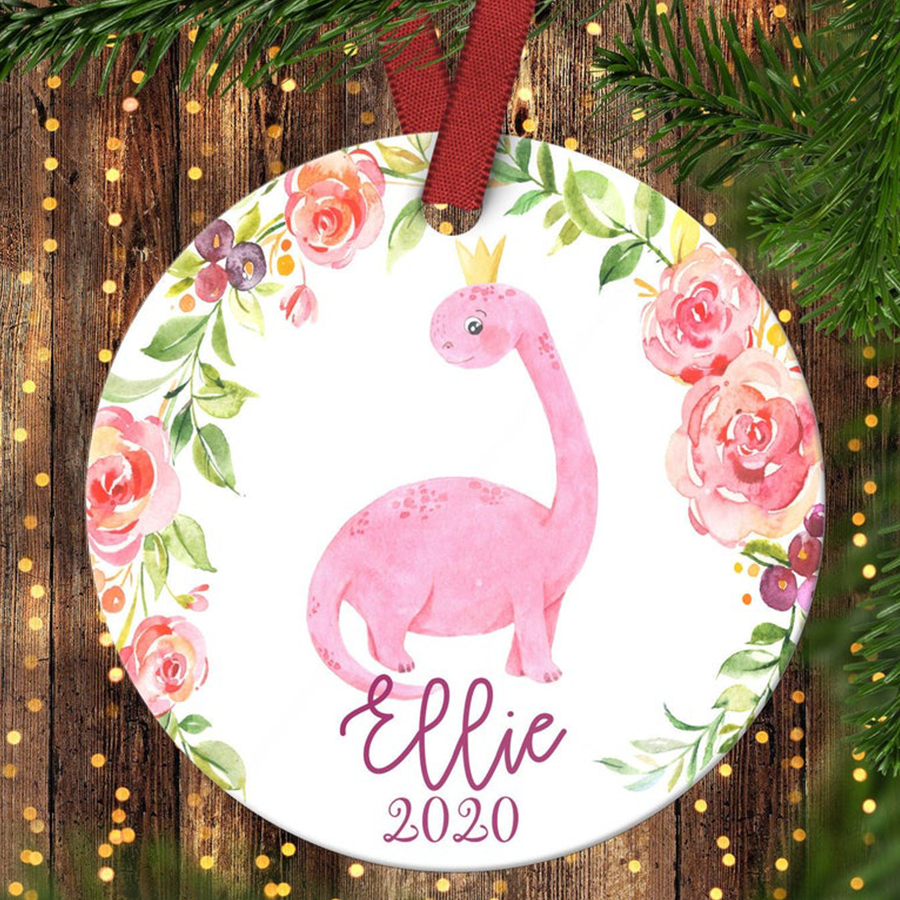 Girls Dinosaur Christmas Ornament.Pink Dinosaur