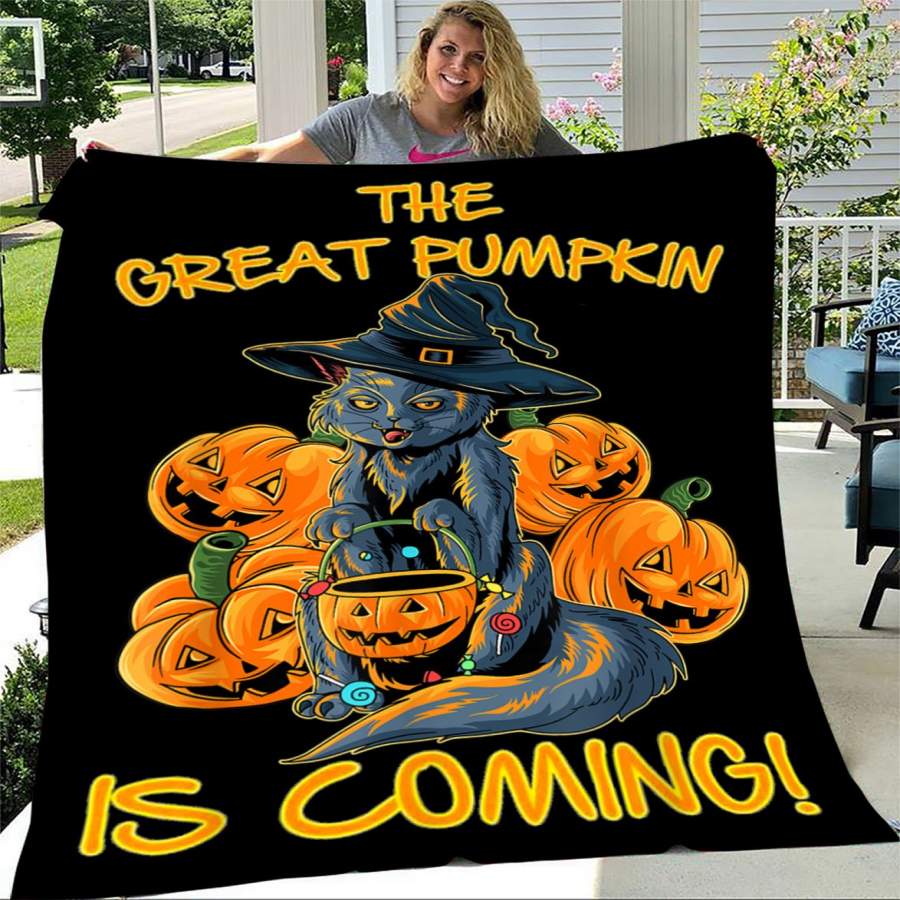 Candy Pumpkin Scary Black Cat With Witch Hat – Fleece Blanket