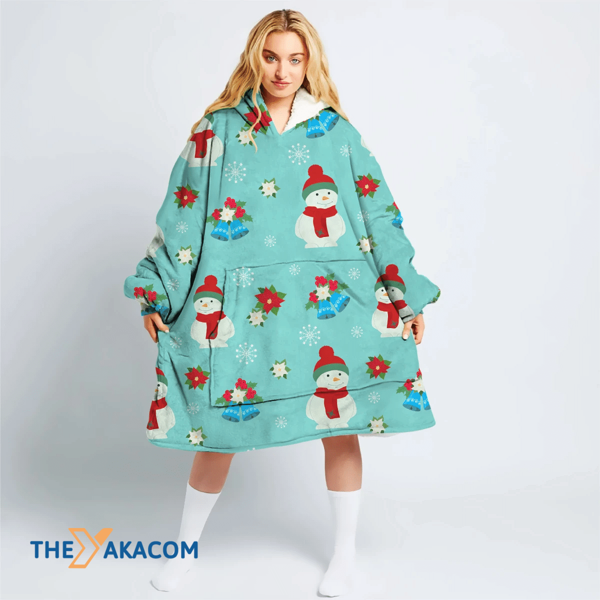 Realtorgift X Christmas Snowman In Hat And Scarf With Bell Poinsettia Hoodie Blanket