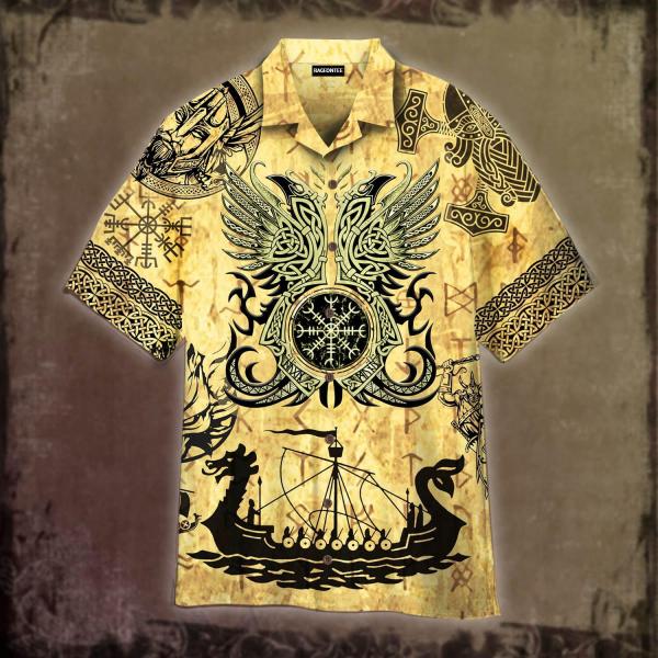 Viking Tatoo Crow Raven Of Odin Viking Ship Hawaiian Shirt