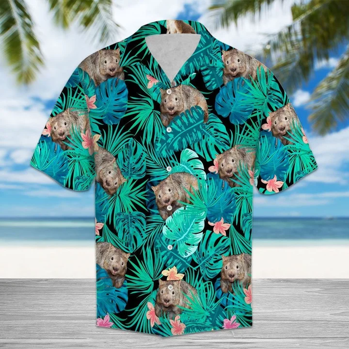 Wombat Tropical Palm Leaves And Pink Flower Pattern Hawaii Shirt Ha27122