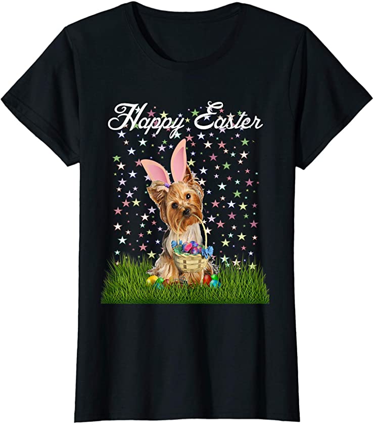 Yorkie Dog Bunny Ears With Easter Eggs And Basket Stars T-Shirt