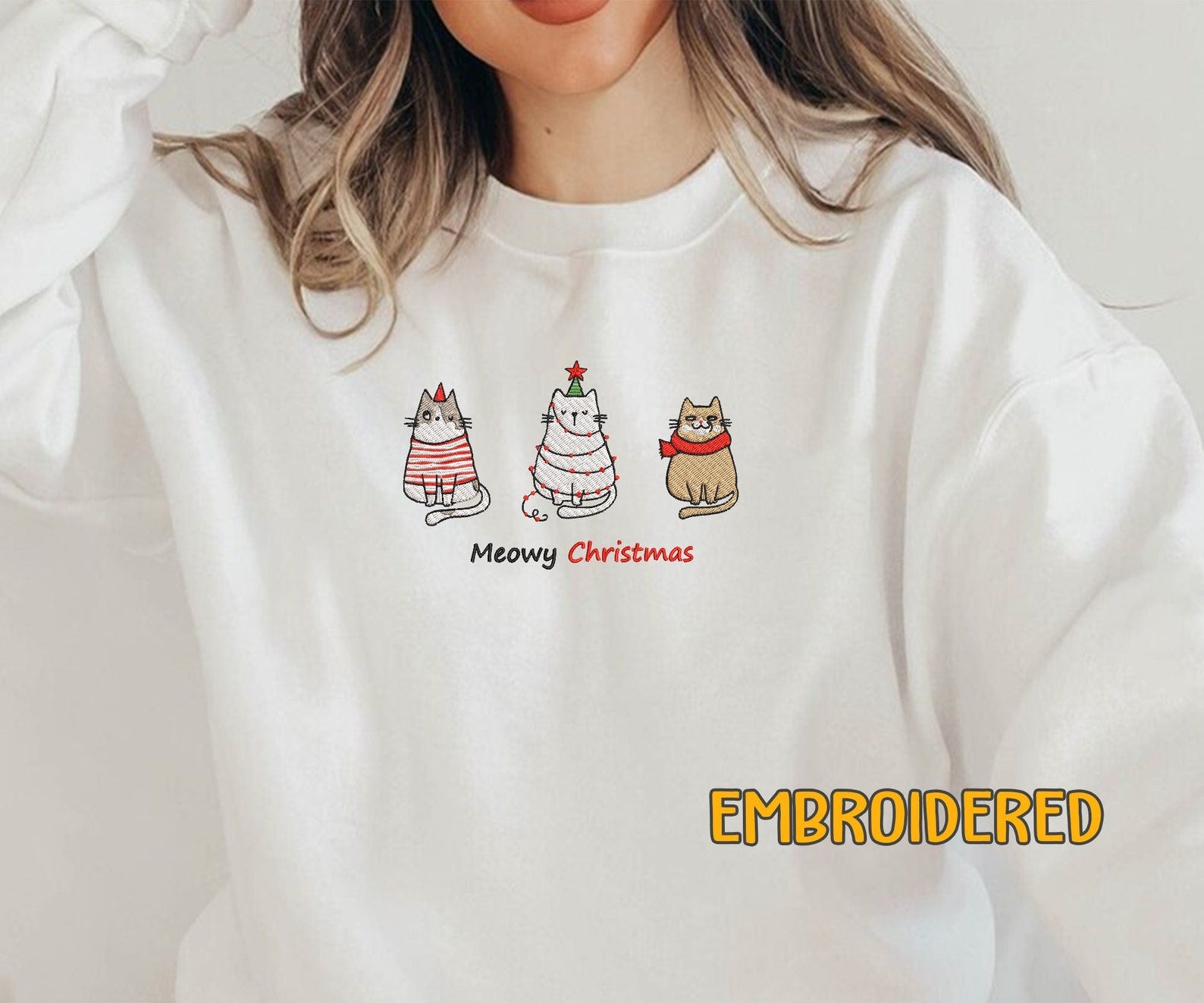 Meowy Christmas Cat Embroidered Sweatshirt 2D Crewneck Sweatshirt All Over Print Sweatshirt For Women Sweatshirt For Men Sws5324