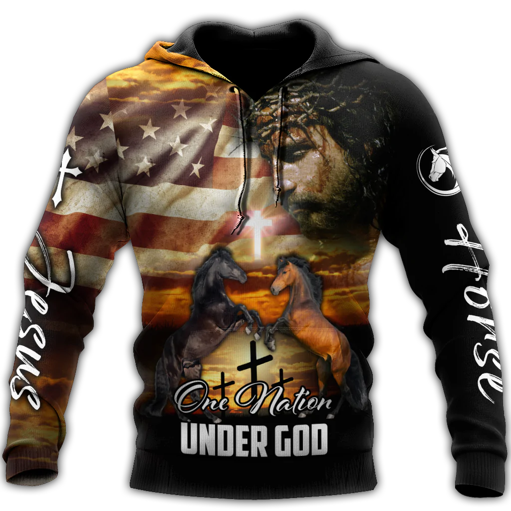 American Flag One Nation Under God Horse Hoodie Patriotic Hoodie Horse Lover Gifts