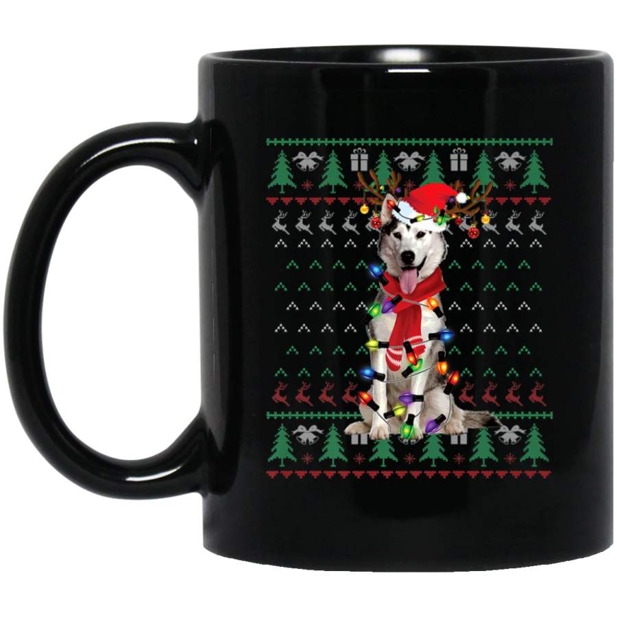 Siberian Husky Christmas Lights Ugly Sweater Xmas Gift   11 oz 15 oz Mug Black