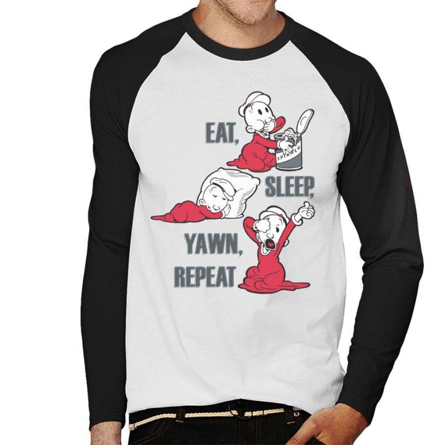 Popeye SweePea Eat Sleep Yawn Repeat Men’s Baseball Long Sleeved T-Shirt