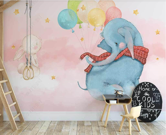 3D Northern Europe Hand-Painted Elephant Balloon Rabbit Wall Mural Wallpaper Sww2651