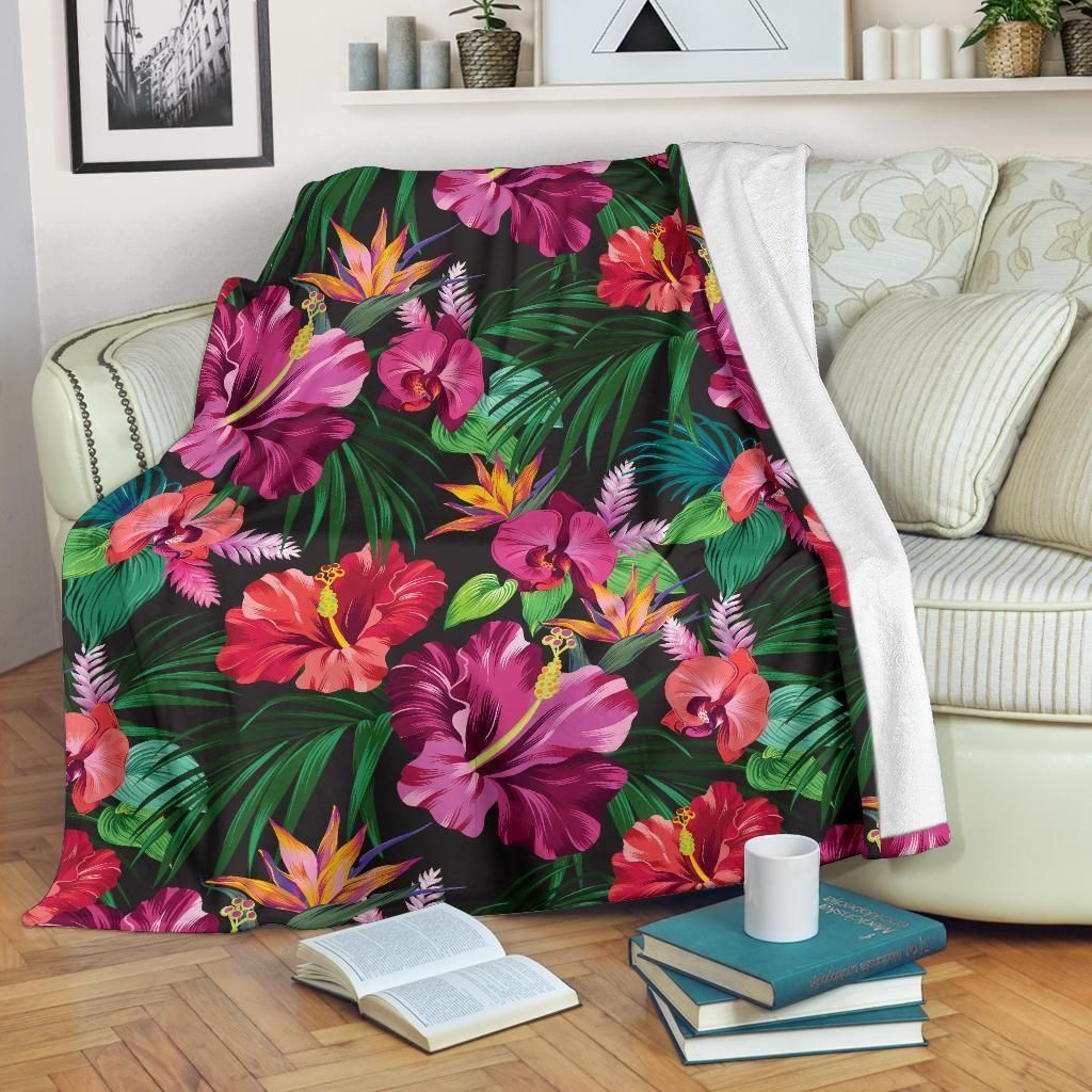 Hawaiian Flower Hibiscus Tropical Black Fleece Blanket - Gearnoble