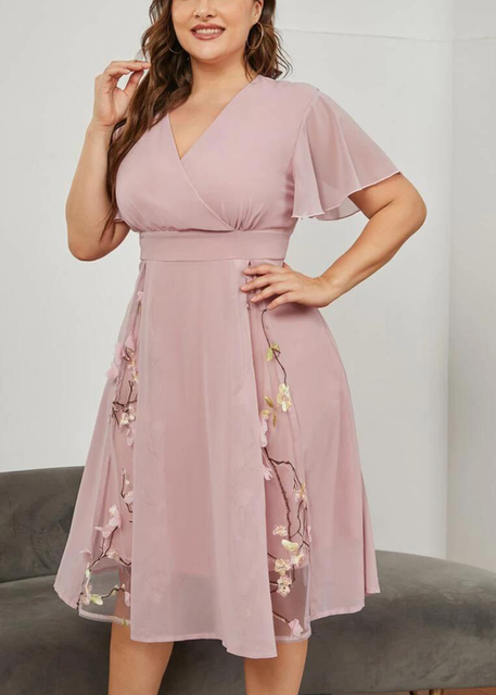 Women’s Plus Size A Line Midi Dress Embroidery Floral V Neck Mesh Short Sleeve Dress Elegant Flower Short Sleeve Dress Evening alx