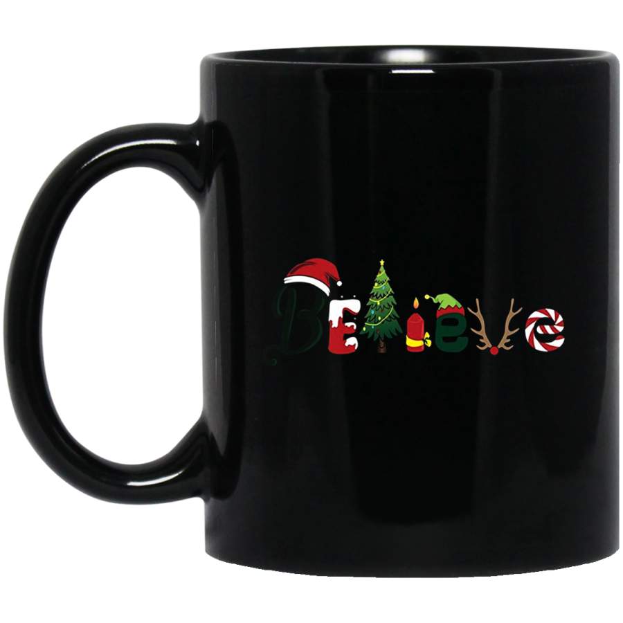 Believe Christmas Candy Cane, Rudolph, Elfs and Tree 11 oz 15 oz Black Mug