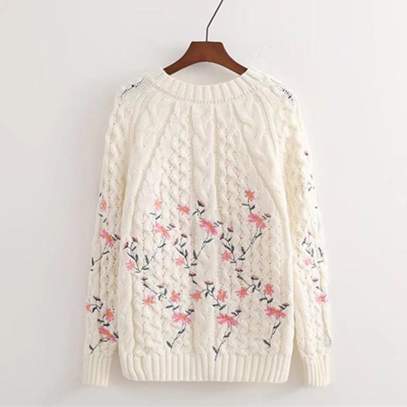 2019 New Sweater Women Pullover Autumn Floral Knitted Sweater Long Sleeve O-Neck White Knitting Sweet Sweaters alx