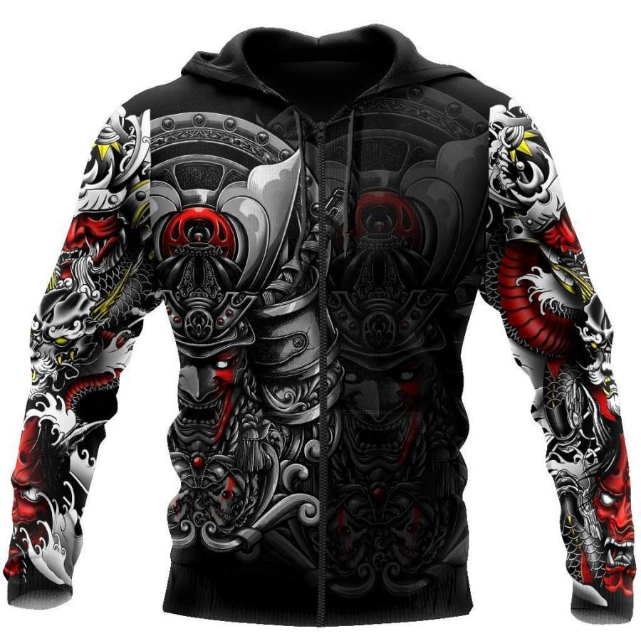 Samurai Helmet Tattoo 3D Over Printed Unisex Hoodie-ML